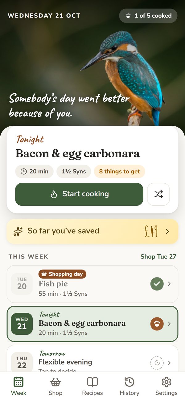The app's home screen: tonight's tea and the week